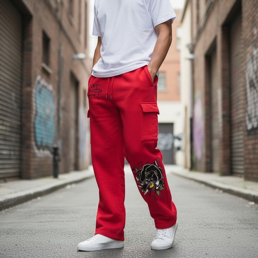 Ed Hardy Cargo Sweatpants Small Red Exc Panther Dagger Graphic Y2K Wide Leg